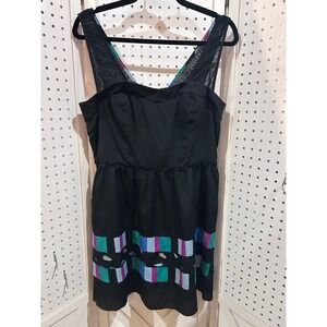 BCBG Generation Black Mesh Strap Geometric Print Ruffle Hem Dress Size 10